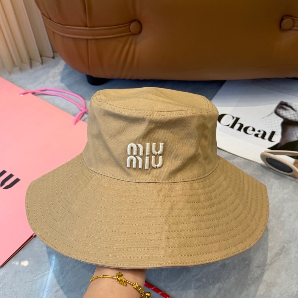 Miu Miu Beige Wide-Brim Bucket Hat with White Logo
